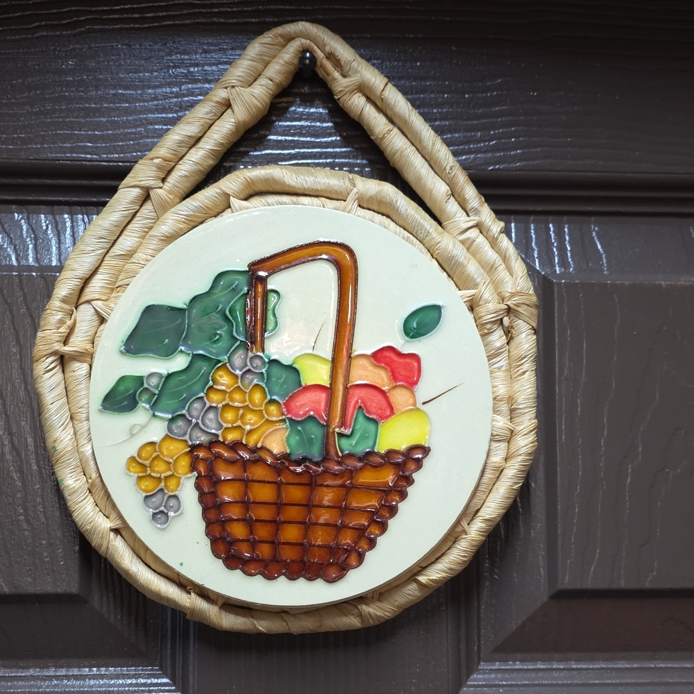Woven Wicker Wall Decor with Ceramic Fruit Design Pair